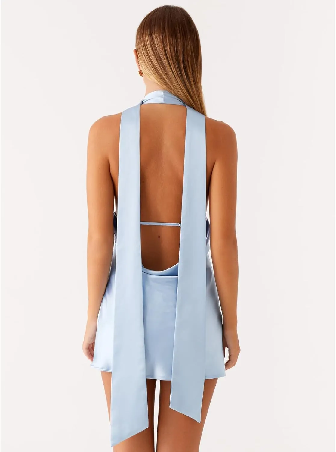 Women Halter Neck Mini Bodycon Dress with Scarf Y2k Sexy Open Back Silk Satin Club Party Night Short Dresses