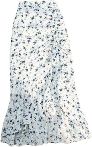 Women High Waist Floral Skirts Shirring Side Split Midi Skirts Drawstring Ruffles Long Skirt