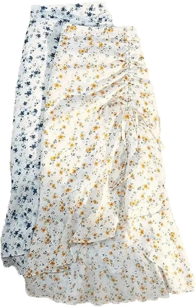 Women High Waist Floral Skirts Shirring Side Split Midi Skirts Drawstring Ruffles Long Skirt