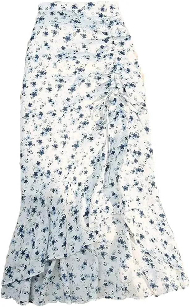 Women High Waist Floral Skirts Shirring Side Split Midi Skirts Drawstring Ruffles Long Skirt