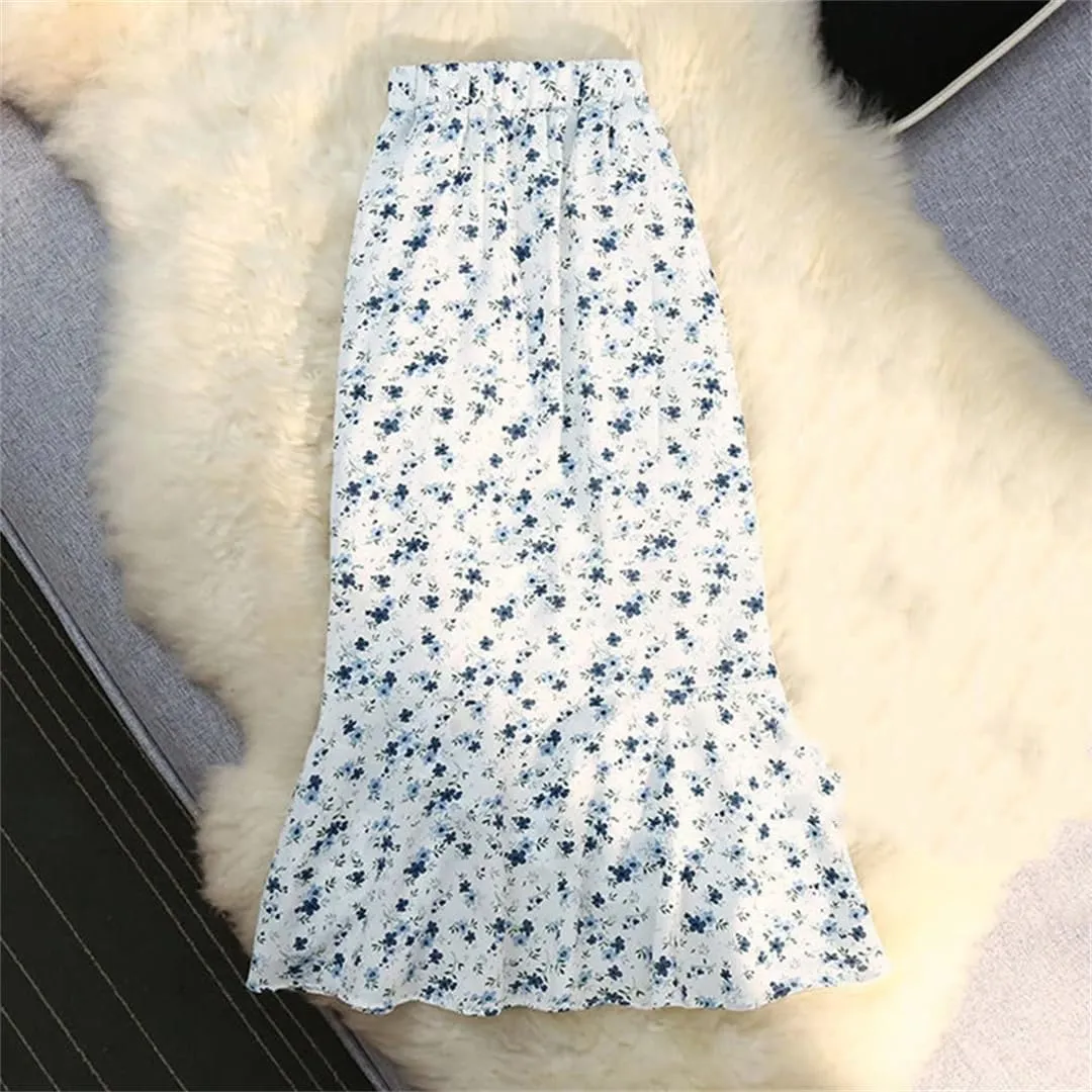 Women High Waist Floral Skirts Shirring Side Split Midi Skirts Drawstring Ruffles Long Skirt