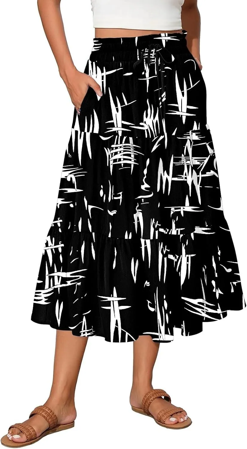 Women High Waisted Boho Floral Flowy Midi Skirt 2025 Trendy Summer Fall Casual Pleated A Line Cute Print Long Skirts