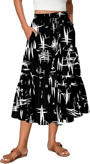 Women High Waisted Boho Floral Flowy Midi Skirt 2025 Trendy Summer Fall Casual Pleated A Line Cute Print Long Skirts