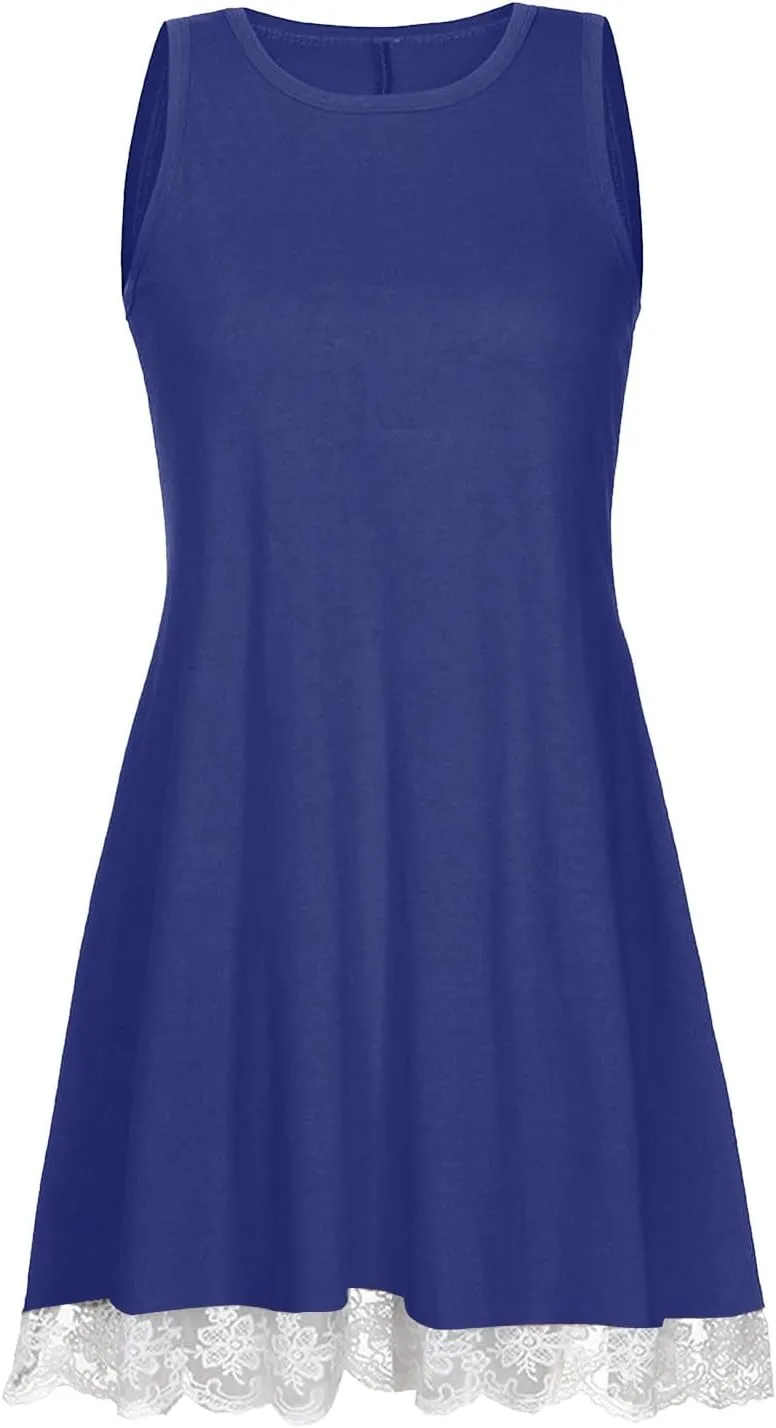 Women Lace Trim Summer Mini Dress, Sexy Sleeveless T Shirt Dresses Crew Neck Solid Beach Dress Cute Sundress with Pocket