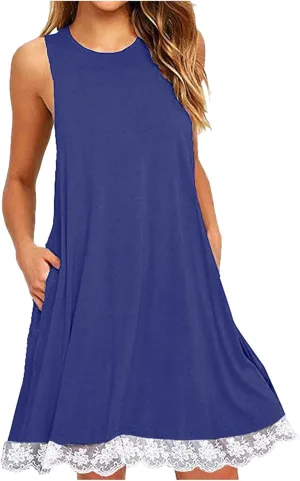 Women Lace Trim Summer Mini Dress, Sexy Sleeveless T Shirt Dresses Crew Neck Solid Beach Dress Cute Sundress with Pocket