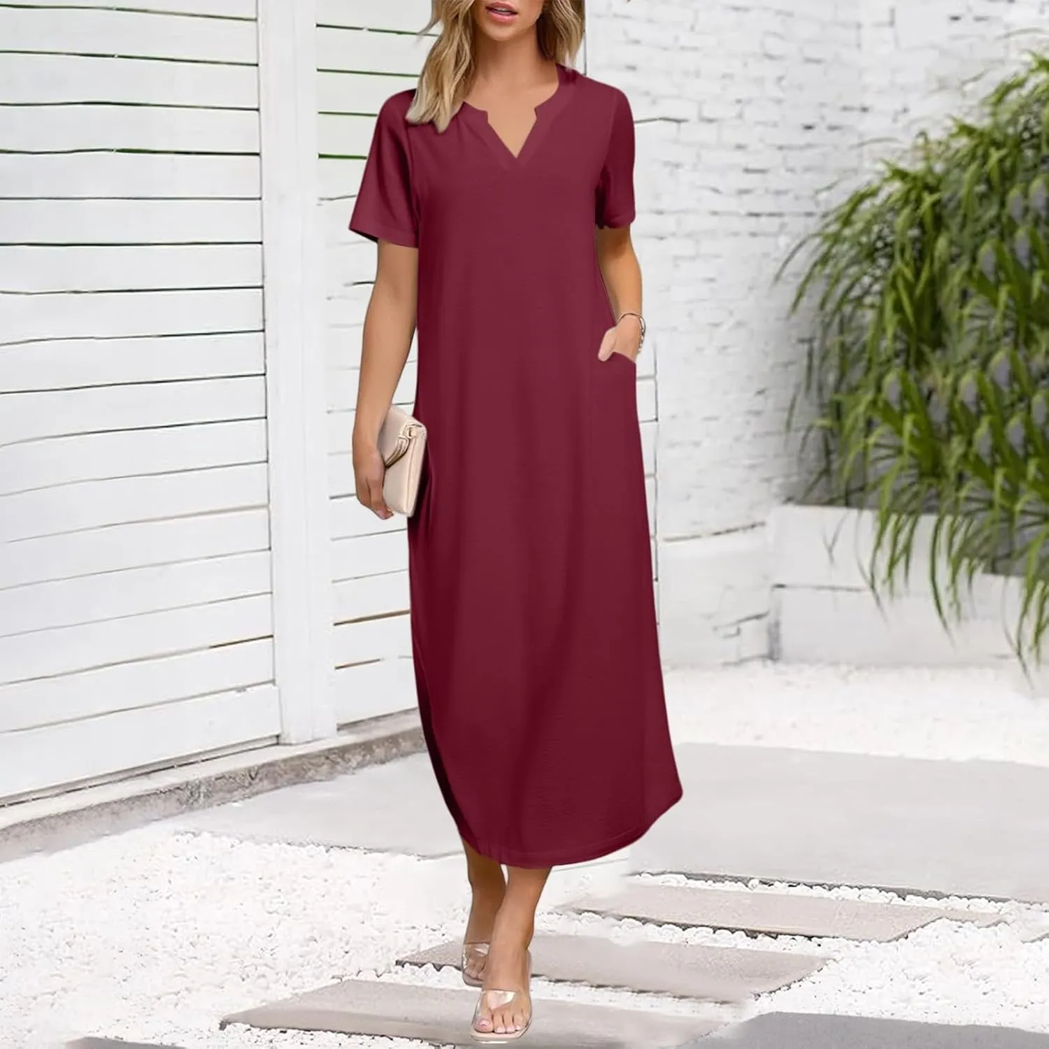 Women Long Maxi Dress Short Sleeve Split Long Tshirt Dress Casual Summer Loose V Neck Sundress with Pockets