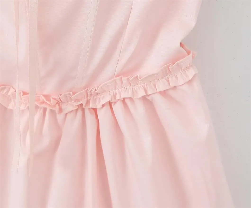 Women Mini Dress Vintage Puff Sleeve Slim Low Waist Holiday Party Dresses Lacing Up Robe