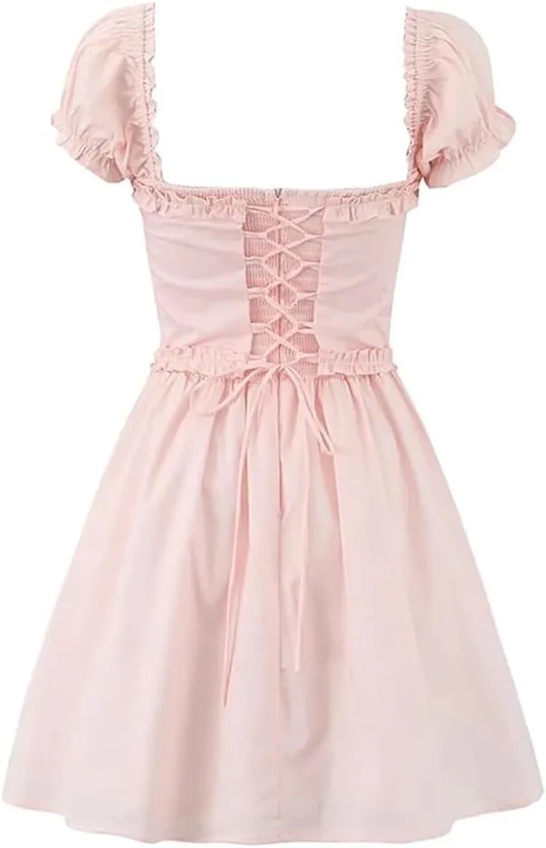 Women Mini Dress Vintage Puff Sleeve Slim Low Waist Holiday Party Dresses Lacing Up Robe