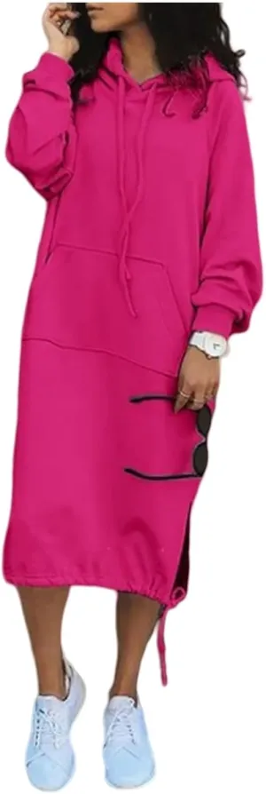 Women Oversized Long Hoodie Dress Pullover Winter Kangaroo Pocket Sweatshirt Casual Tops Loungewear