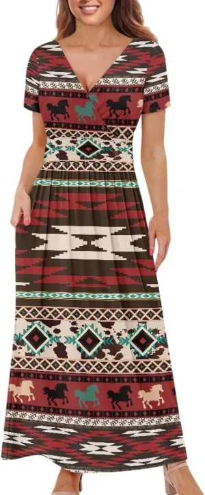 Women Short Sleeve V-Neck Polynesian Tribal Samoa Puletasi Long Dress Pleated Waist Maxi Dresses with Pockets