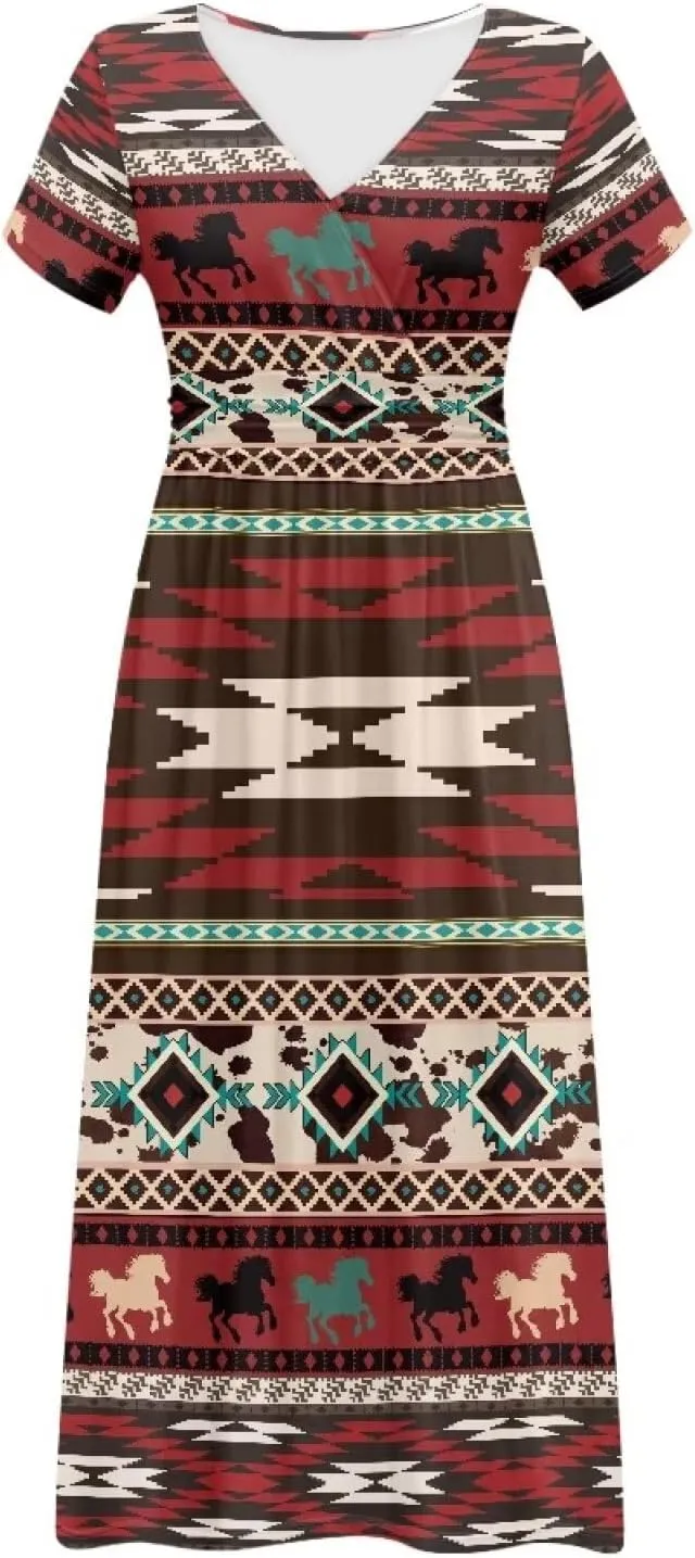 Women Short Sleeve V-Neck Polynesian Tribal Samoa Puletasi Long Dress Pleated Waist Maxi Dresses with Pockets