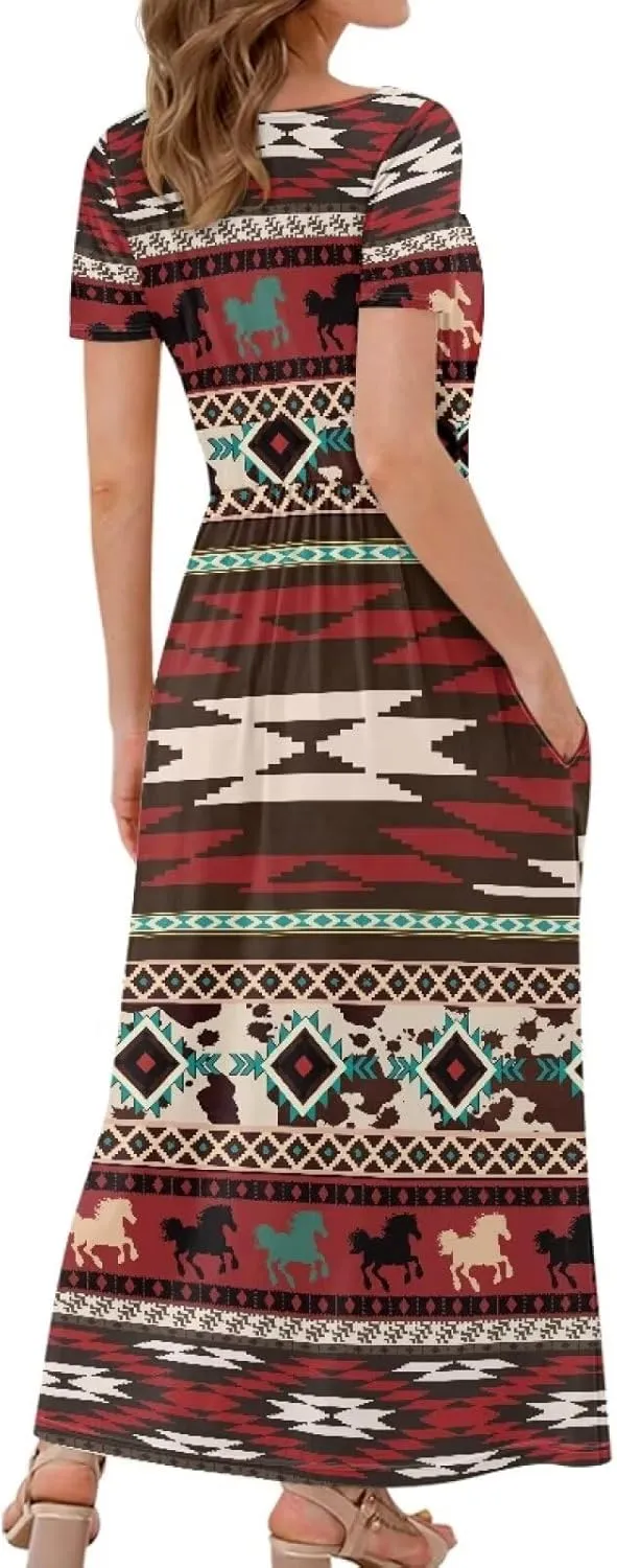 Women Short Sleeve V-Neck Polynesian Tribal Samoa Puletasi Long Dress Pleated Waist Maxi Dresses with Pockets