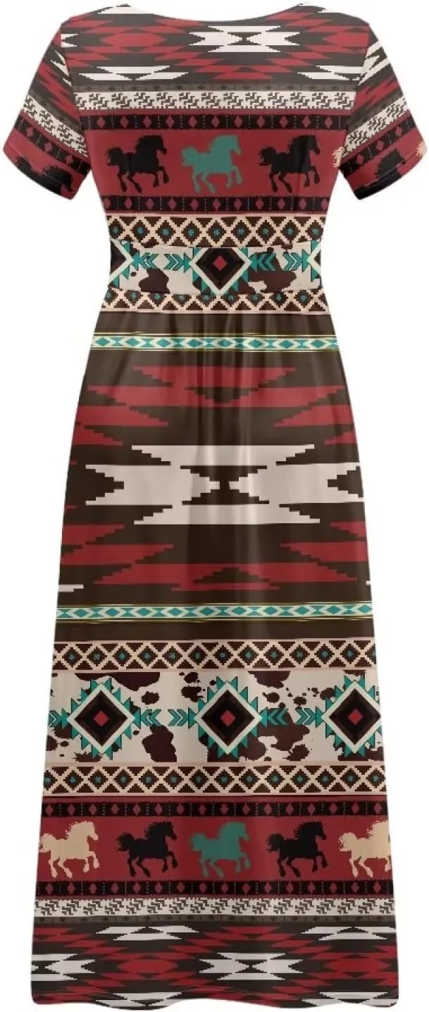 Women Short Sleeve V-Neck Polynesian Tribal Samoa Puletasi Long Dress Pleated Waist Maxi Dresses with Pockets