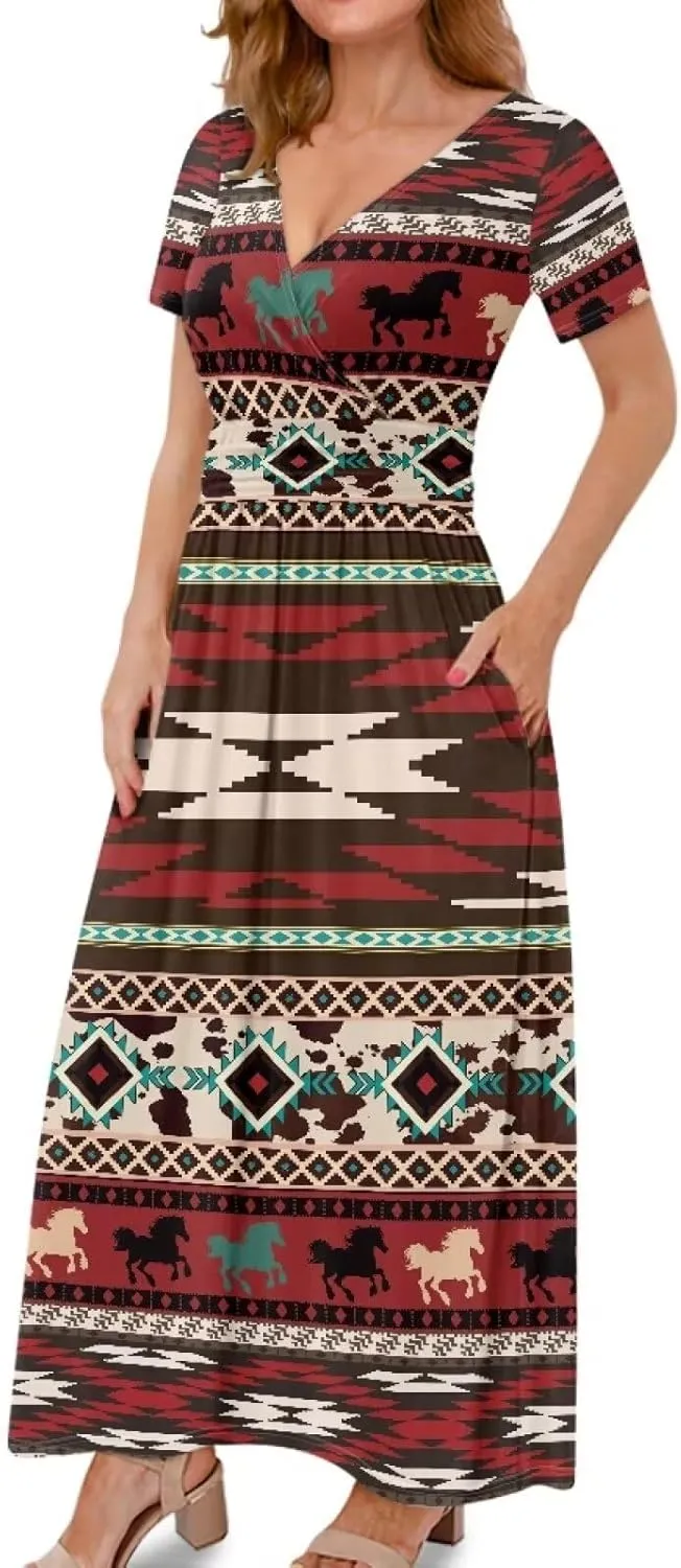 Women Short Sleeve V-Neck Polynesian Tribal Samoa Puletasi Long Dress Pleated Waist Maxi Dresses with Pockets