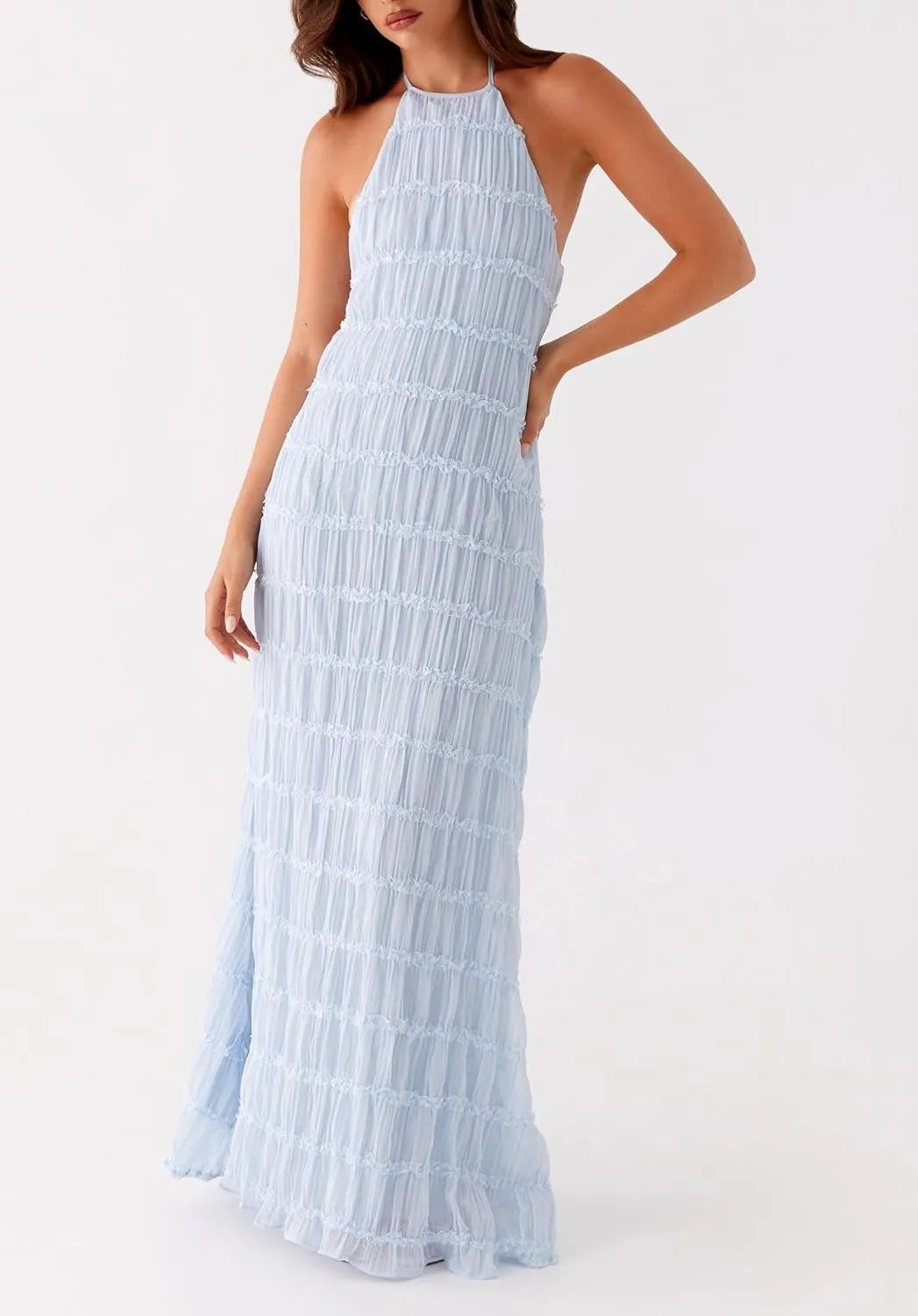 Women Sleeveless Tiered Halter Maxi Dress Backless Smocked Ruffle Long Dress Boho Bodycon Cocktail Sundress 2025 Summer