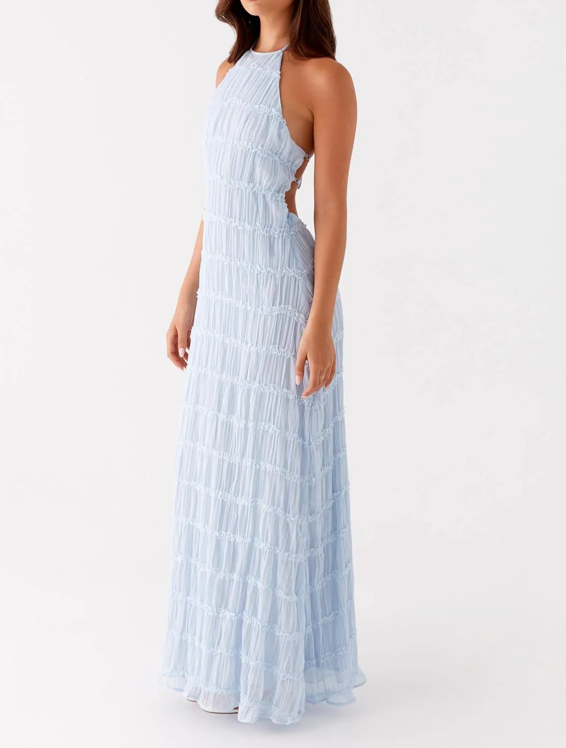 Women Sleeveless Tiered Halter Maxi Dress Backless Smocked Ruffle Long Dress Boho Bodycon Cocktail Sundress 2025 Summer