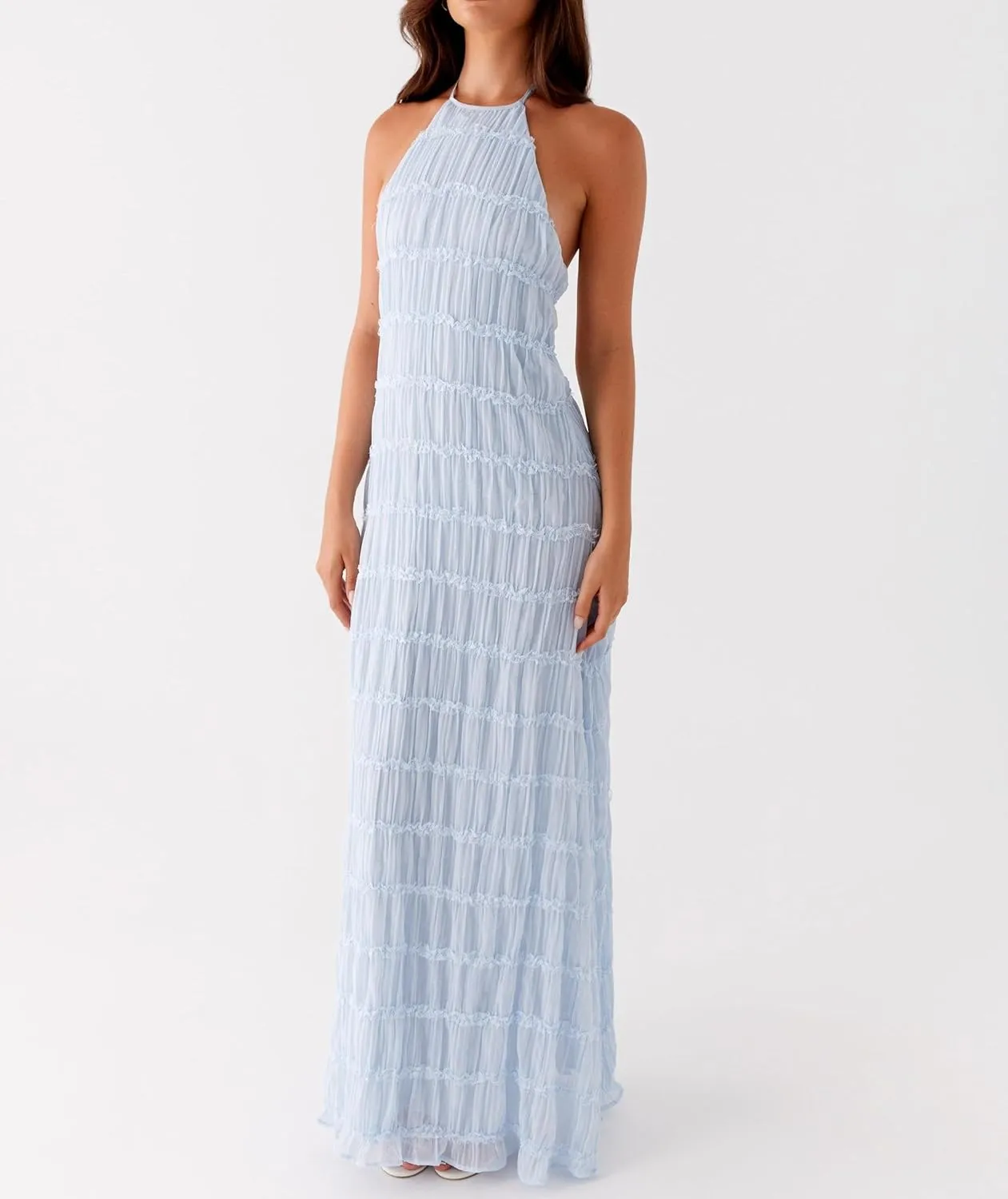 Women Sleeveless Tiered Halter Maxi Dress Backless Smocked Ruffle Long Dress Boho Bodycon Cocktail Sundress 2025 Summer