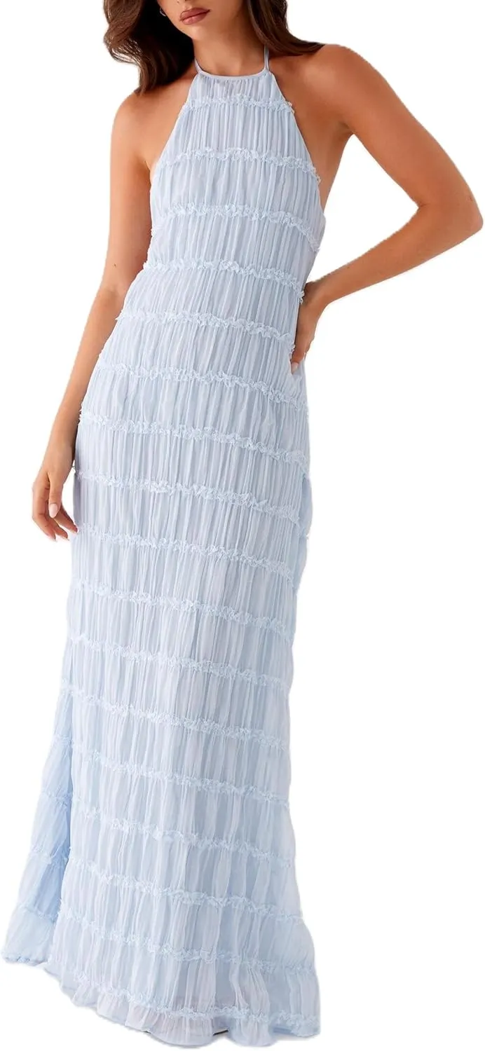 Women Sleeveless Tiered Halter Maxi Dress Backless Smocked Ruffle Long Dress Boho Bodycon Cocktail Sundress 2025 Summer