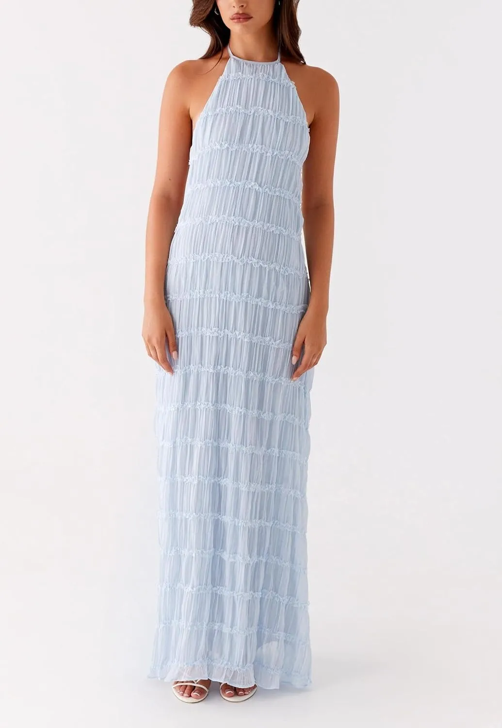 Women Sleeveless Tiered Halter Maxi Dress Backless Smocked Ruffle Long Dress Boho Bodycon Cocktail Sundress 2025 Summer