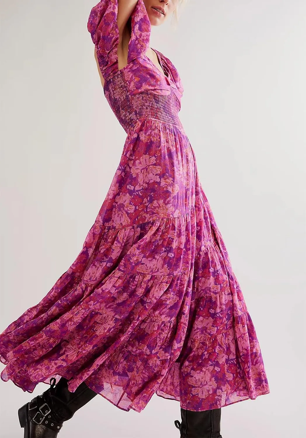 Women Spring Dresses Flowy Smocked Maxi Dress Puff Sleeve Sweetheart Y2K Floral Boho Summer Sundresses