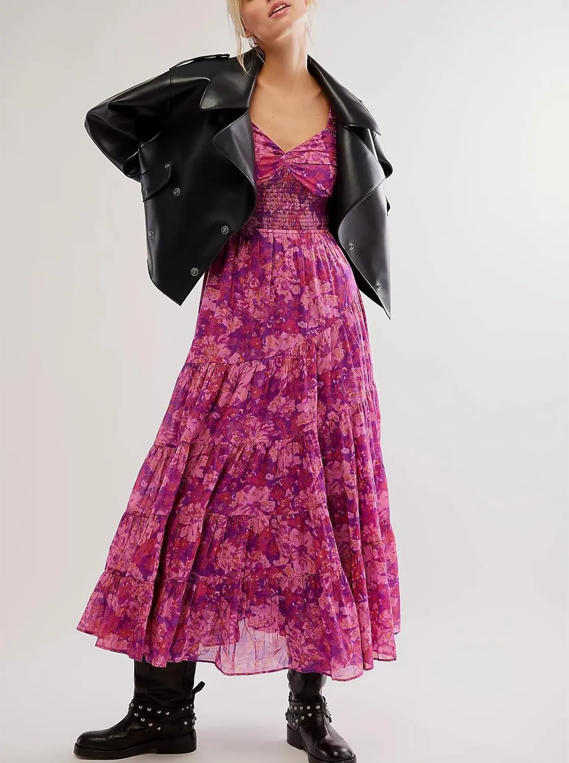Women Spring Dresses Flowy Smocked Maxi Dress Puff Sleeve Sweetheart Y2K Floral Boho Summer Sundresses
