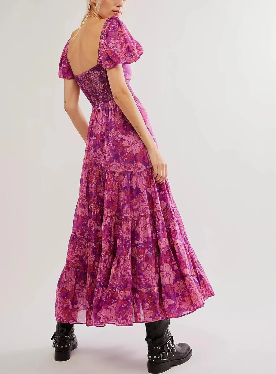 Women Spring Dresses Flowy Smocked Maxi Dress Puff Sleeve Sweetheart Y2K Floral Boho Summer Sundresses