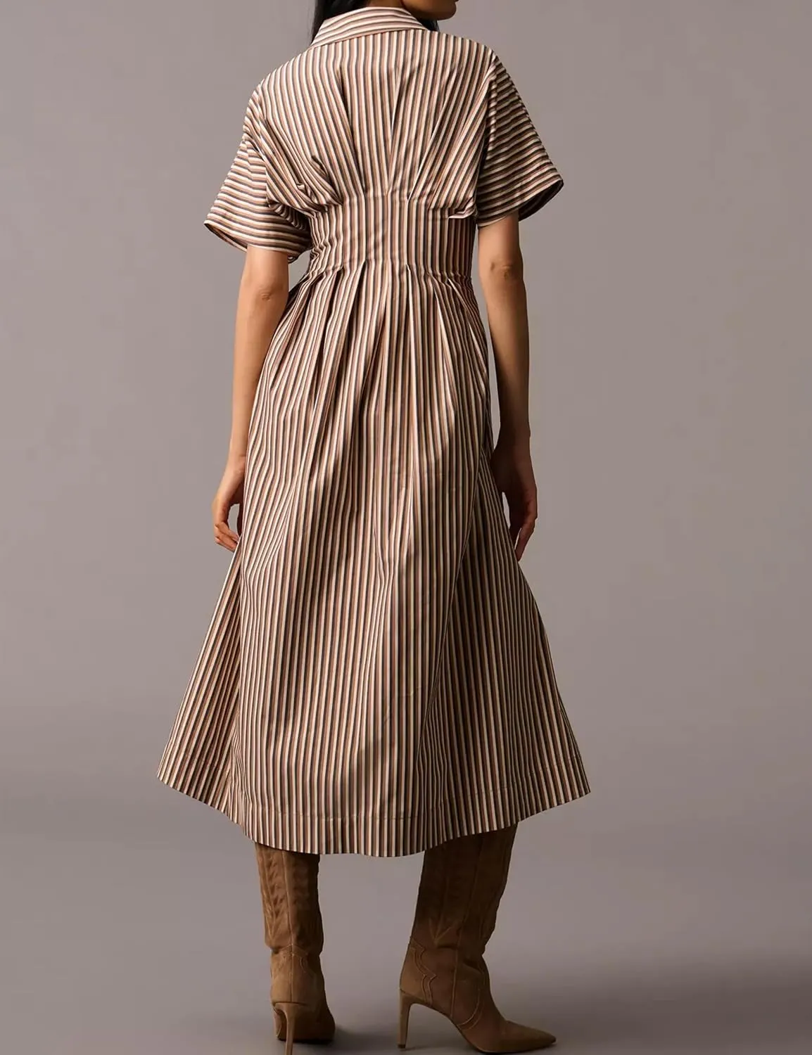 Women Striped Button Front Pleated Maxi Shirt Dress Short Sleeve Collar V Neck Summer Casual Corset Long Dress