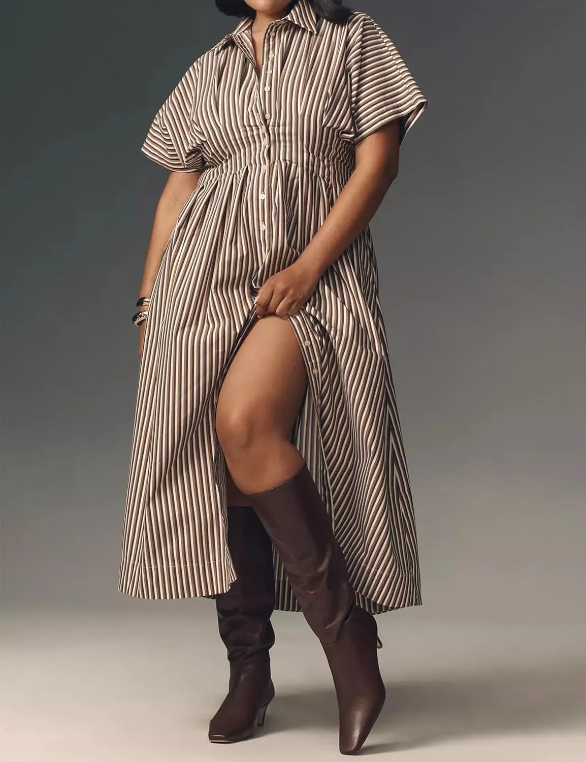 Women Striped Button Front Pleated Maxi Shirt Dress Short Sleeve Collar V Neck Summer Casual Corset Long Dress