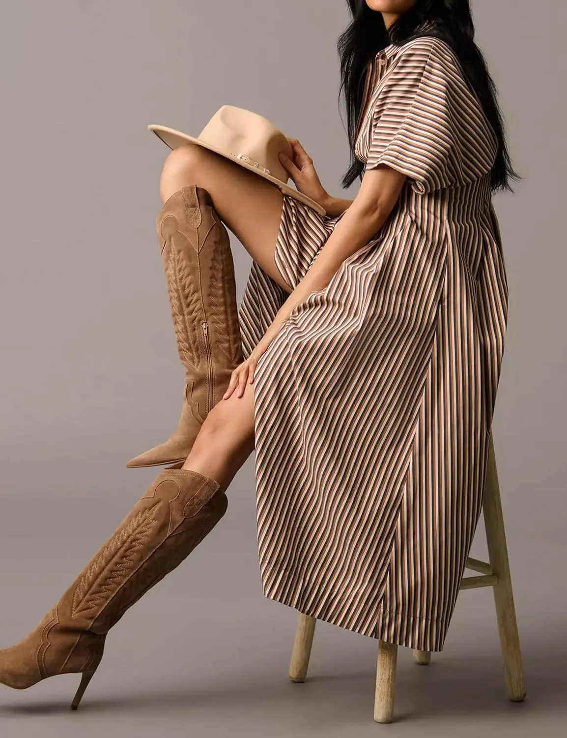 Women Striped Button Front Pleated Maxi Shirt Dress Short Sleeve Collar V Neck Summer Casual Corset Long Dress