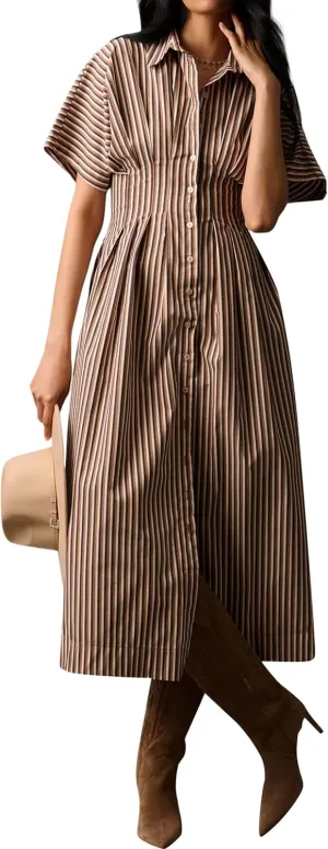 Women Striped Button Front Pleated Maxi Shirt Dress Short Sleeve Collar V Neck Summer Casual Corset Long Dress