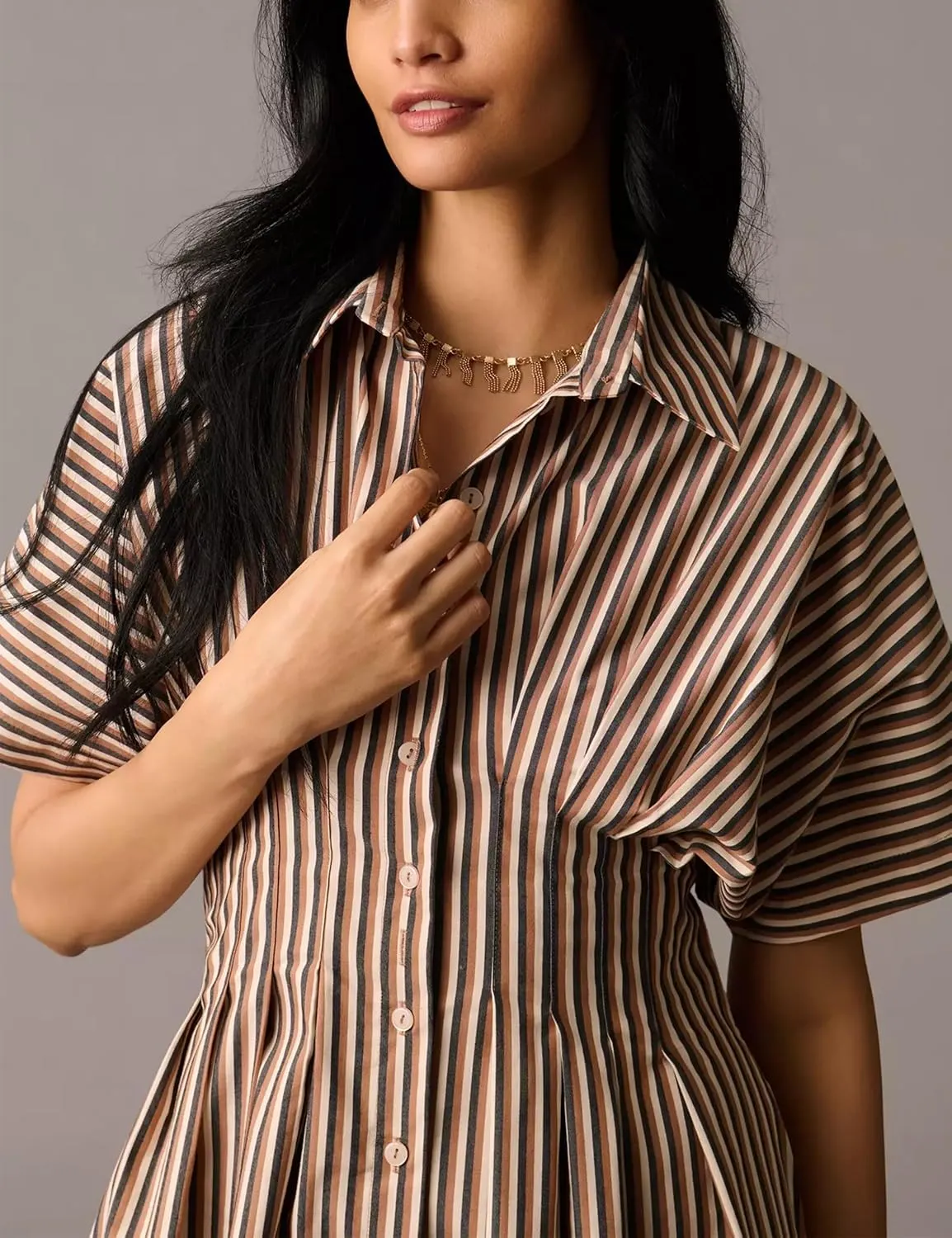 Women Striped Button Front Pleated Maxi Shirt Dress Short Sleeve Collar V Neck Summer Casual Corset Long Dress