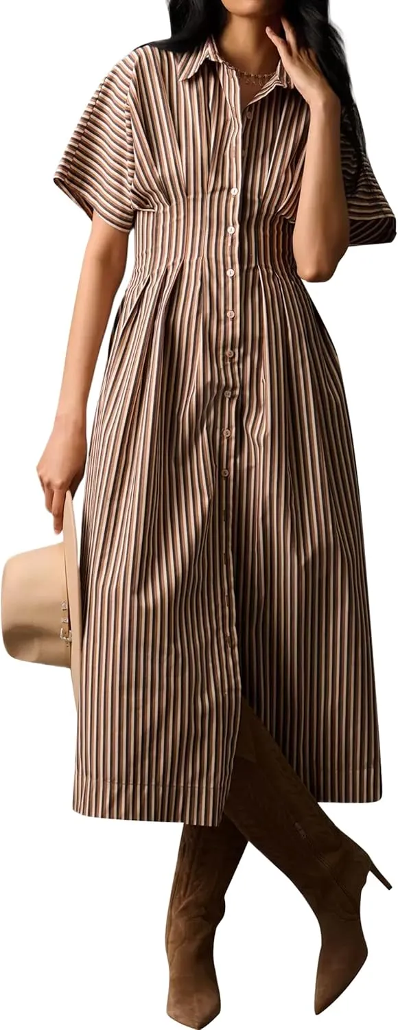 Women Striped Button Front Pleated Maxi Shirt Dress Short Sleeve Collar V Neck Summer Casual Corset Long Dress