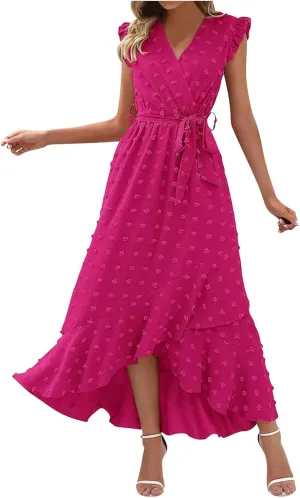 Women Summer 2024 Ruffle Cap Sleeve Wrap V Neck Belted Dress Irregular Ruffle Slit Swiss Dot Casual Beach Maxi Dresses