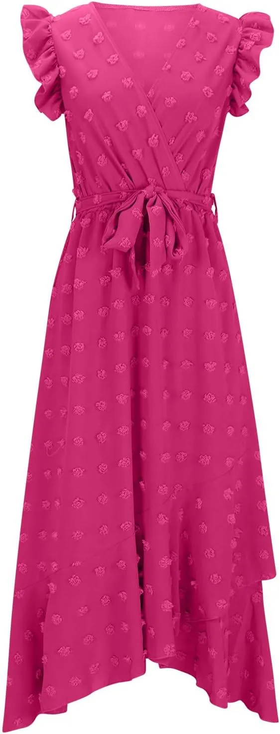 Women Summer 2024 Ruffle Cap Sleeve Wrap V Neck Belted Dress Irregular Ruffle Slit Swiss Dot Casual Beach Maxi Dresses
