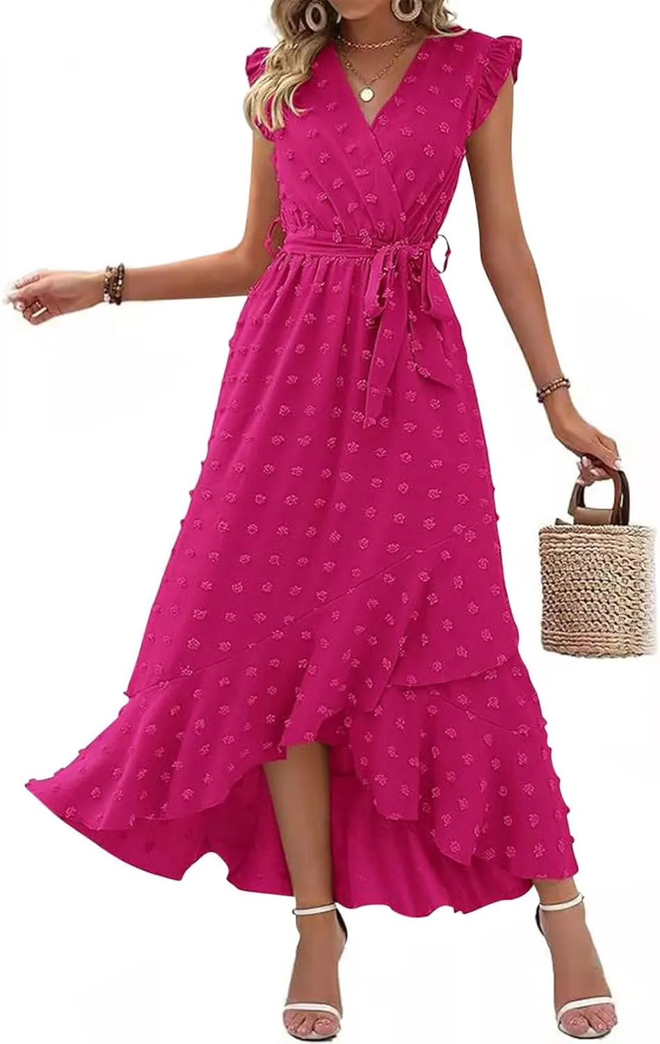 Women Summer 2024 Ruffle Cap Sleeve Wrap V Neck Belted Dress Irregular Ruffle Slit Swiss Dot Casual Beach Maxi Dresses