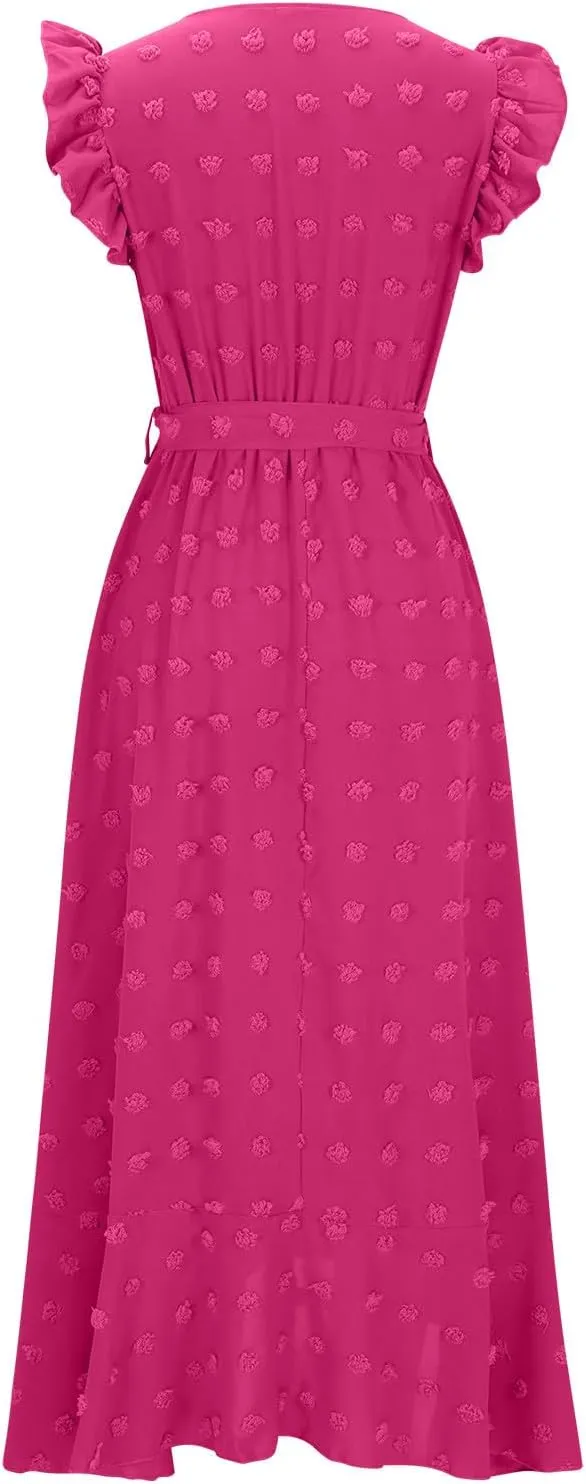 Women Summer 2024 Ruffle Cap Sleeve Wrap V Neck Belted Dress Irregular Ruffle Slit Swiss Dot Casual Beach Maxi Dresses