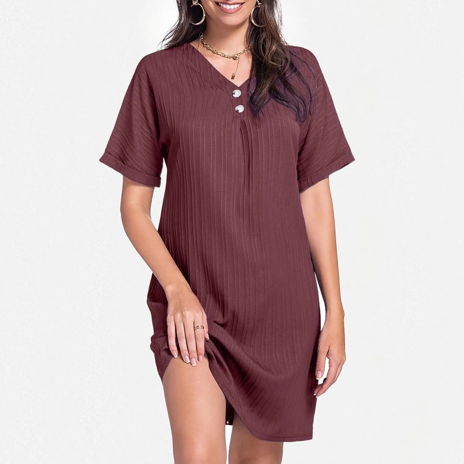 Women Summer Dresses 2024 Button V Neck Cap Sleeve Beach Sundress Casual Swing A Line Short Mini Dress