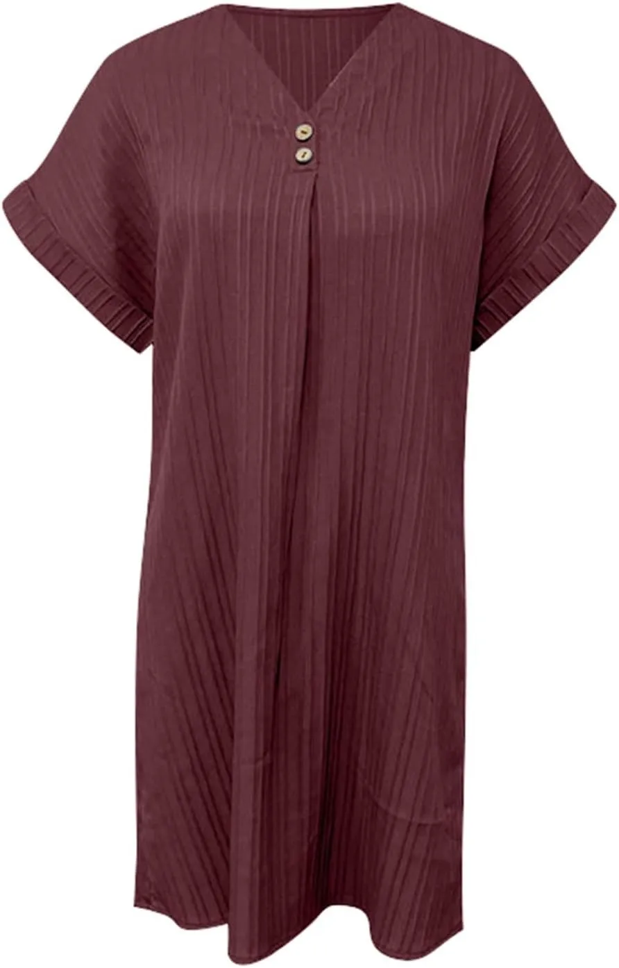 Women Summer Dresses 2024 Button V Neck Cap Sleeve Beach Sundress Casual Swing A Line Short Mini Dress
