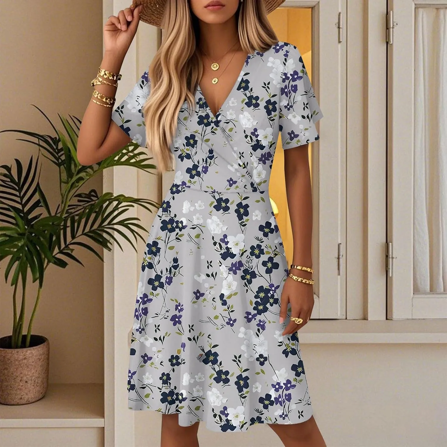 Women Summer Dresses 2025 Short Sleeve V Neck Tiered Ruffle Boho Swing Dress A-Line Floral Mini Dresses