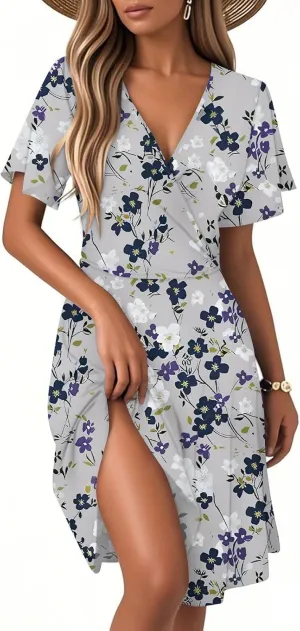 Women Summer Dresses 2025 Short Sleeve V Neck Tiered Ruffle Boho Swing Dress A-Line Floral Mini Dresses