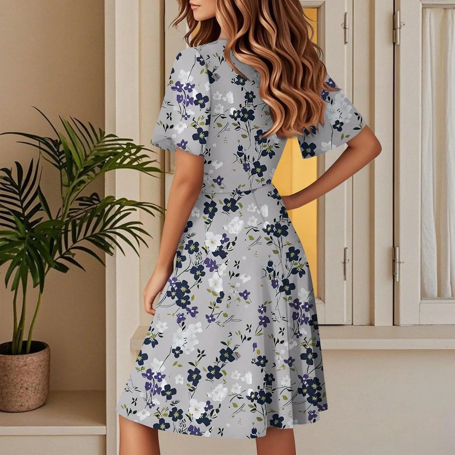 Women Summer Dresses 2025 Short Sleeve V Neck Tiered Ruffle Boho Swing Dress A-Line Floral Mini Dresses