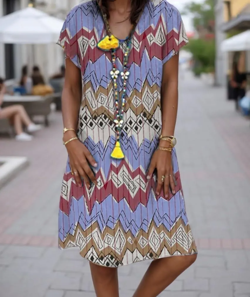 Women Summer Geometric Floral Printed Beach Dress Short Sleeve Casual V Neck Plus Size Midi Dresses Baggy Shift Dress