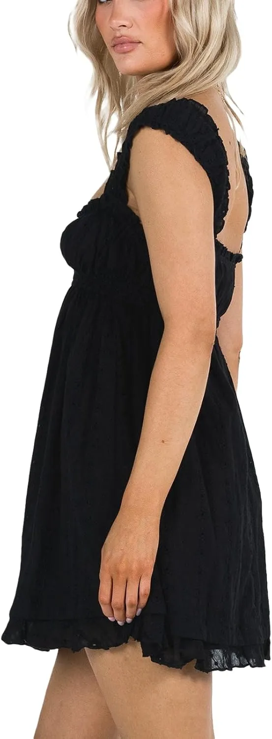 Women Summer Mini Dress Casual Loose Floral Embroidery Ruffle A Line Dress Sleeveless Backless Short Beach Sundress