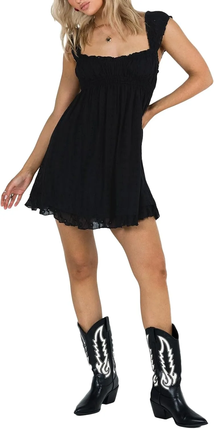 Women Summer Mini Dress Casual Loose Floral Embroidery Ruffle A Line Dress Sleeveless Backless Short Beach Sundress