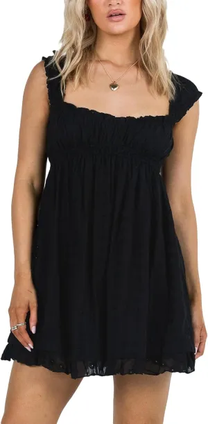 Women Summer Mini Dress Casual Loose Floral Embroidery Ruffle A Line Dress Sleeveless Backless Short Beach Sundress