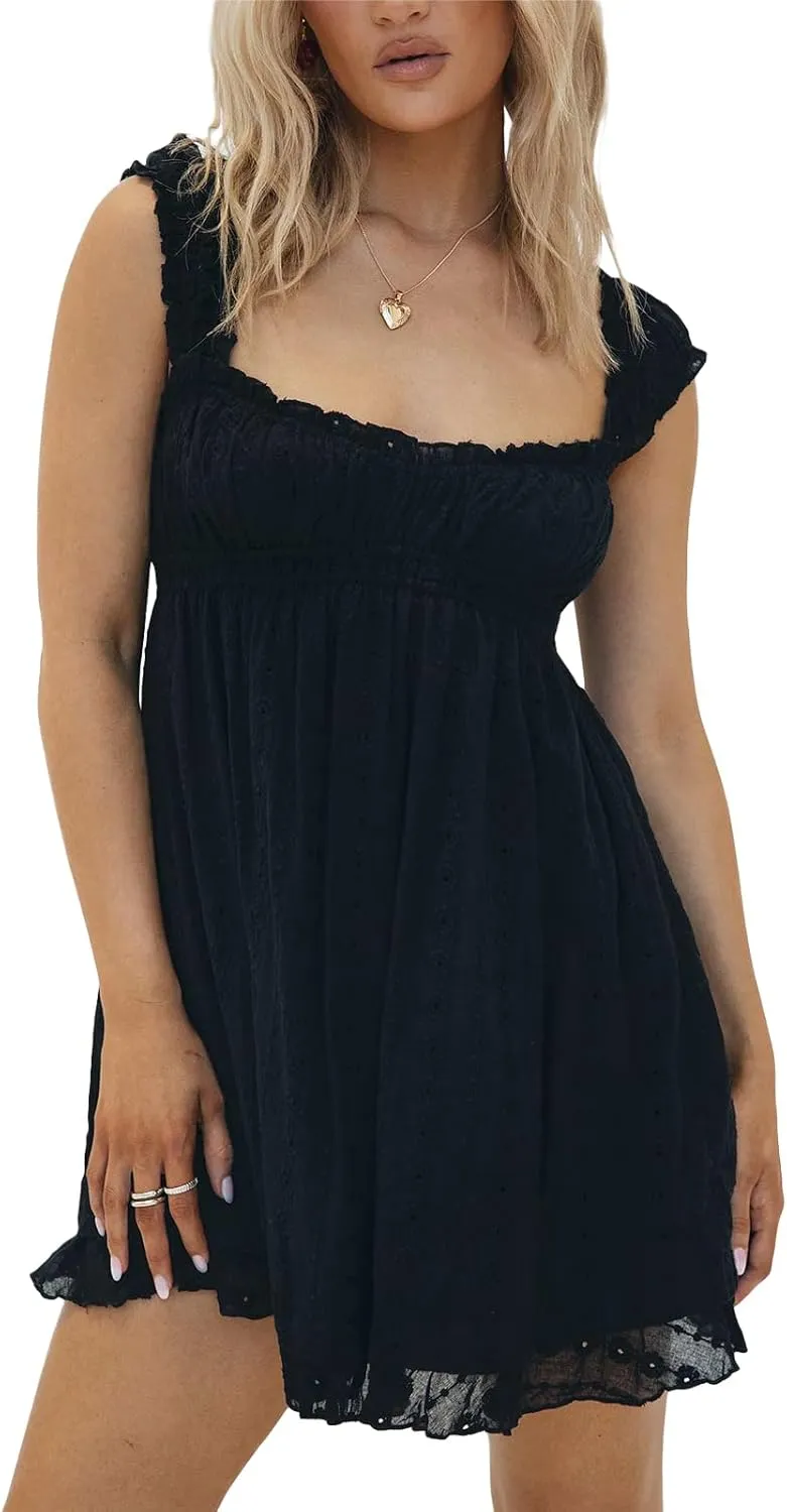 Women Summer Mini Dress Casual Loose Floral Embroidery Ruffle A Line Dress Sleeveless Backless Short Beach Sundress