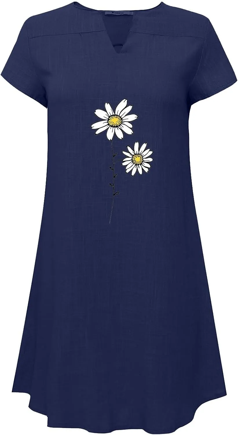 Women Summer Shirt Dress Short Sleeve Floral Printed Mini Dresses Casual Loose Cotton Linen Beach Vacation Sundress
