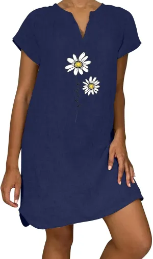 Women Summer Shirt Dress Short Sleeve Floral Printed Mini Dresses Casual Loose Cotton Linen Beach Vacation Sundress