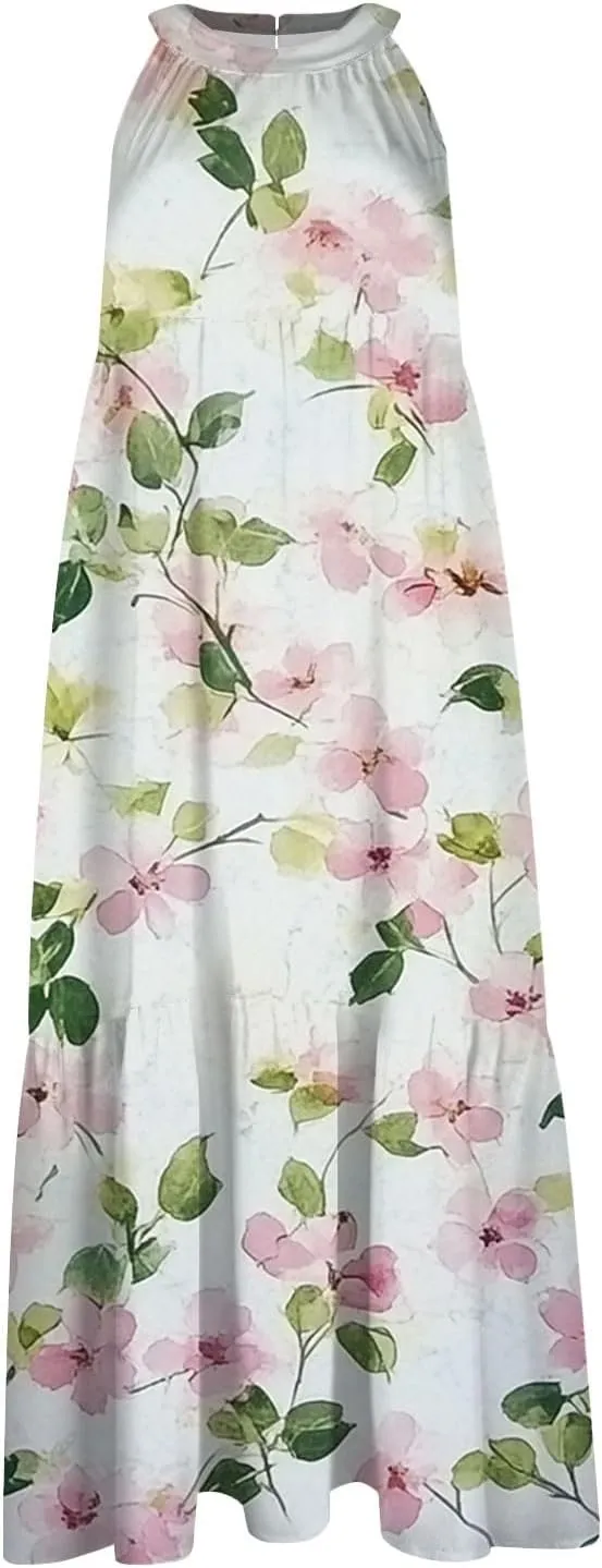 Women Sundresses 2025 Hanging Neck Sleeveless Splicing Summer Tank Dress Casual Flowy High Waist Dress