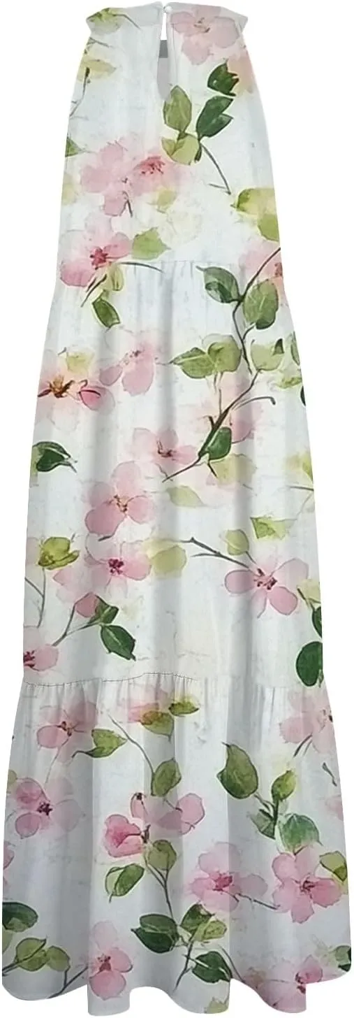 Women Sundresses 2025 Hanging Neck Sleeveless Splicing Summer Tank Dress Casual Flowy High Waist Dress
